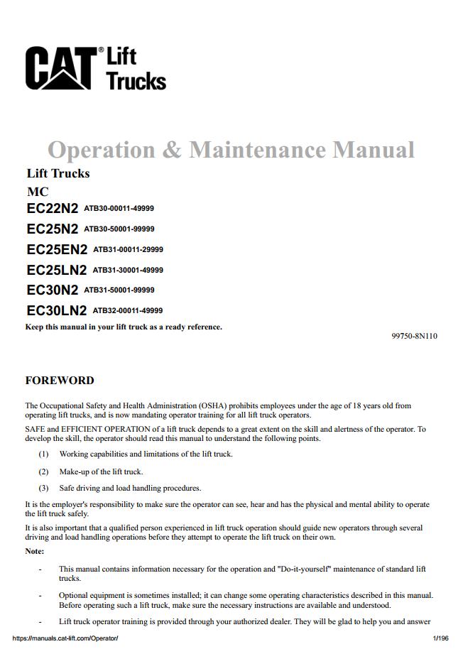 CAT Forklift EC22N2 Schematic Service Operation Maintenance Manual