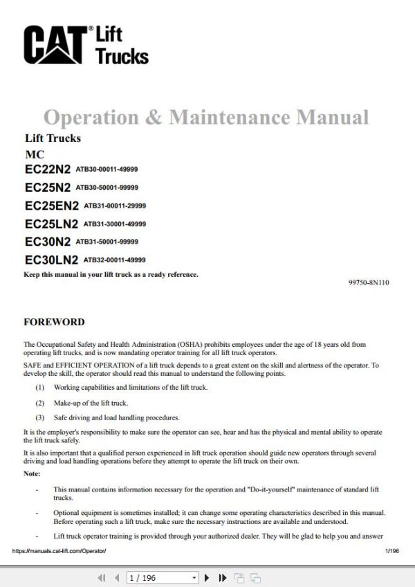 CAT Forklift EC22N2 Schematic Service Operation Maintenance Manual 1