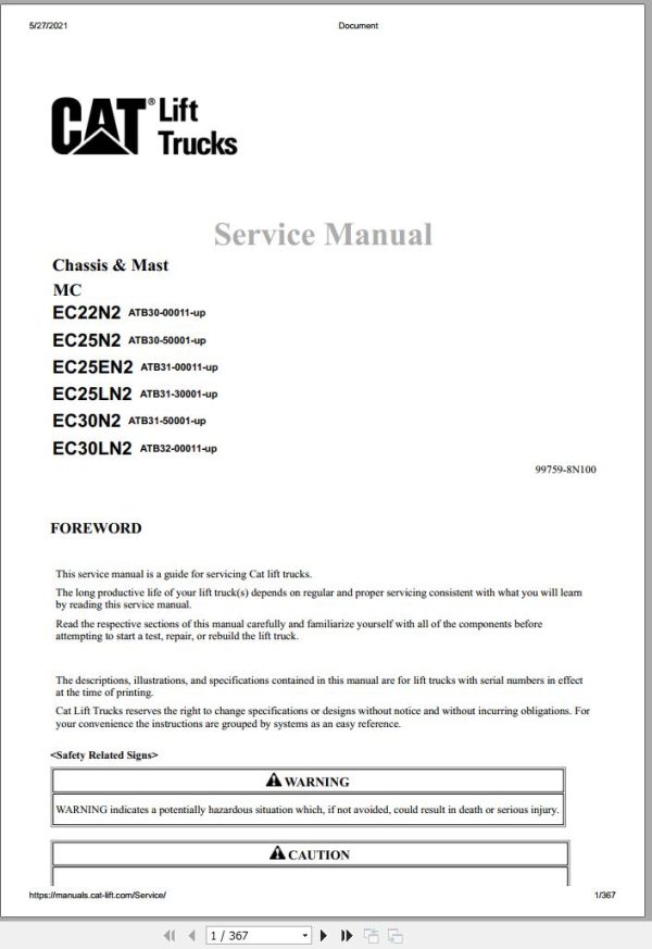 CAT Forklift EC22N2 Schematic Service Operation Maintenance Manual 2