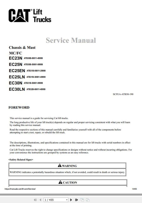CAT Forklift EC23N Schematic Service Operation Maintenance Manual