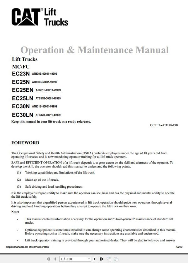 CAT Forklift EC23N Schematic Service Operation Maintenance Manual 1