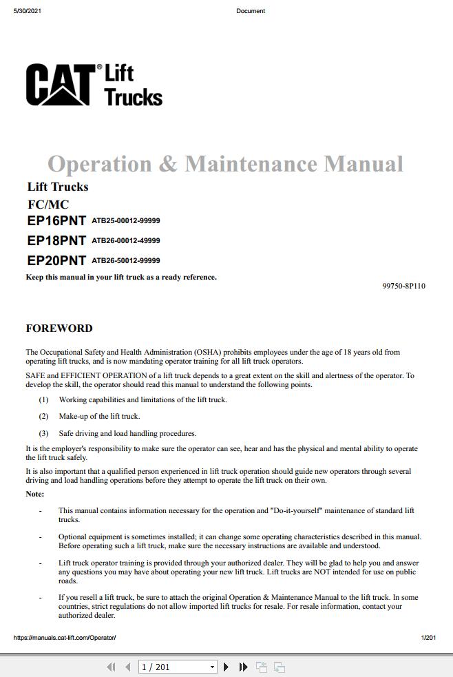 CAT Forklift EP16PNT Schematic Service Operation Maintenance Manual