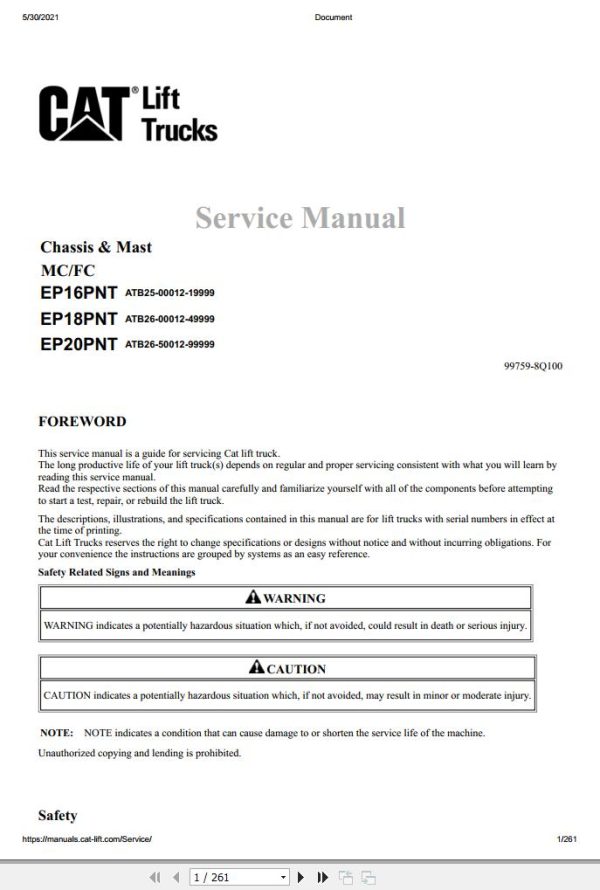 CAT Forklift EP16PNT Schematic Service Operation Maintenance Manual 1