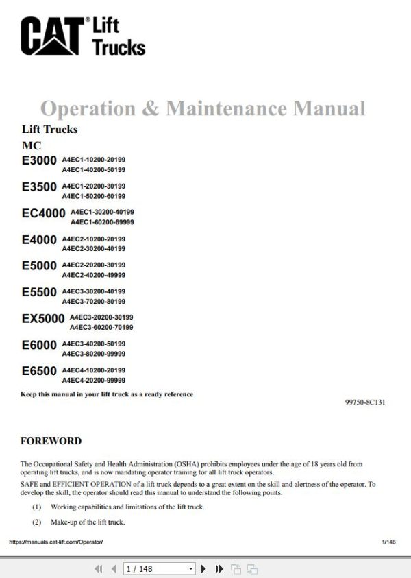 CAT Forklift EX5000 Operation Maintenance Manual