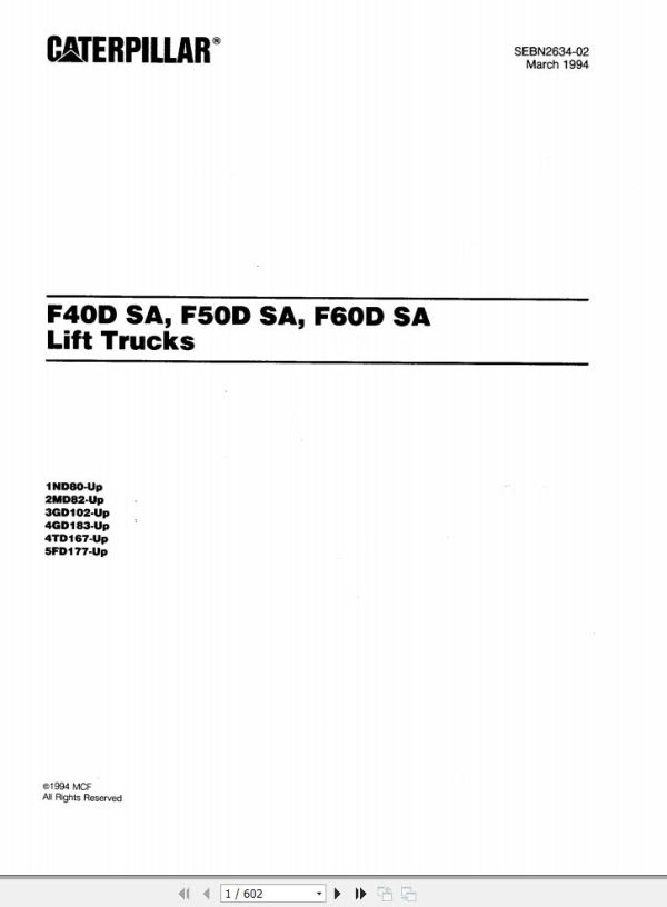 CAT Forklift F60D Spare Parts Manual