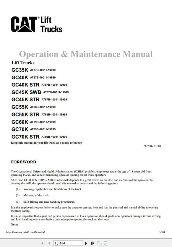 CAT Forklift GC35K Schematic Service Operation Maintenance Manual