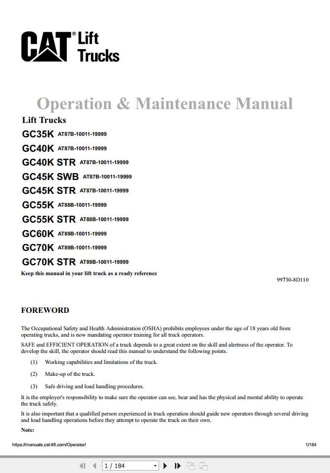 CAT Forklift GC35K Schematic Service Operation Maintenance Manual