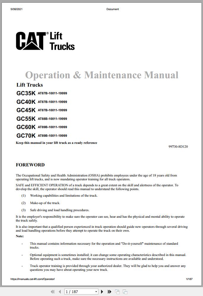 CAT Forklift GC45K Schematic Service Operation Maintenance Manual