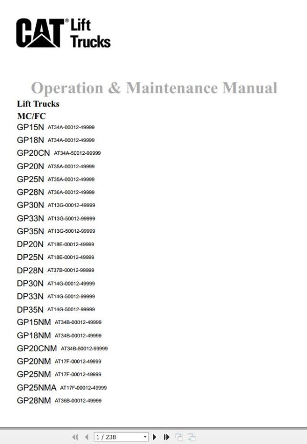 CAT Forklift GP15N Schematic Service Operation Maintenance Manual