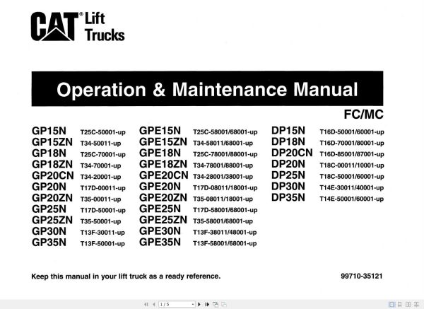 CAT Forklift GP15ZN Schematic Service Operation Maintenance Manual 1