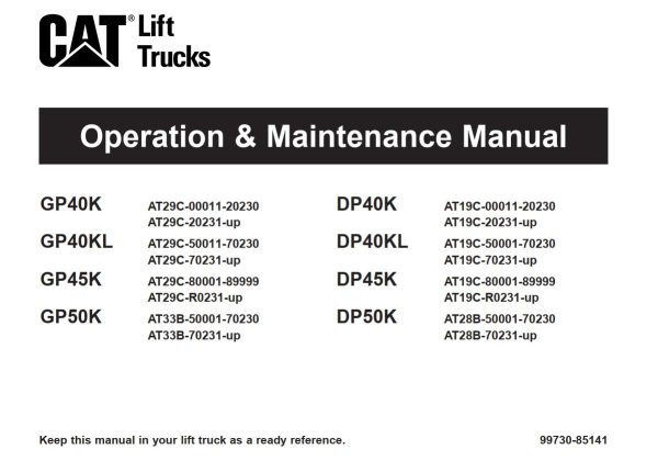 CAT Forklift GP40KL Schematic Service Operation Maintenance Manual