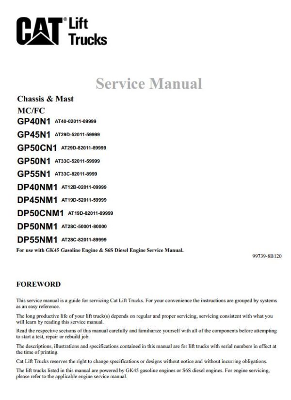 CAT Forklift GP40N1 Schematic Service Operation Maintenance Manual