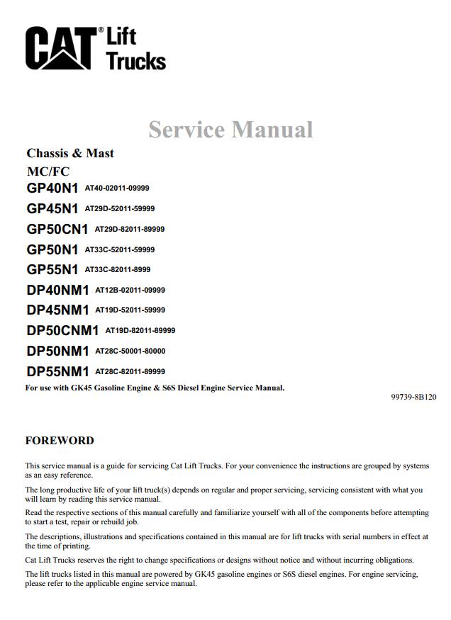 CAT Forklift GP40N1 Schematic Service Operation Maintenance Manual