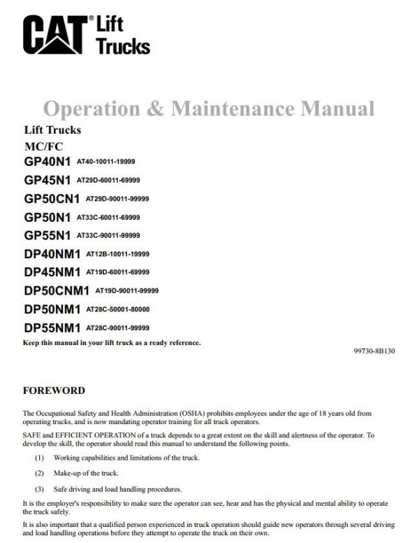 CAT Forklift GP40N1 Schematic Service Operation Maintenance Manual 1