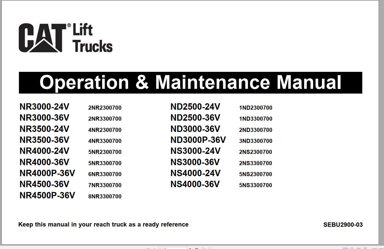 CAT Forklift ND2500 24V Operation Maintenance Manual