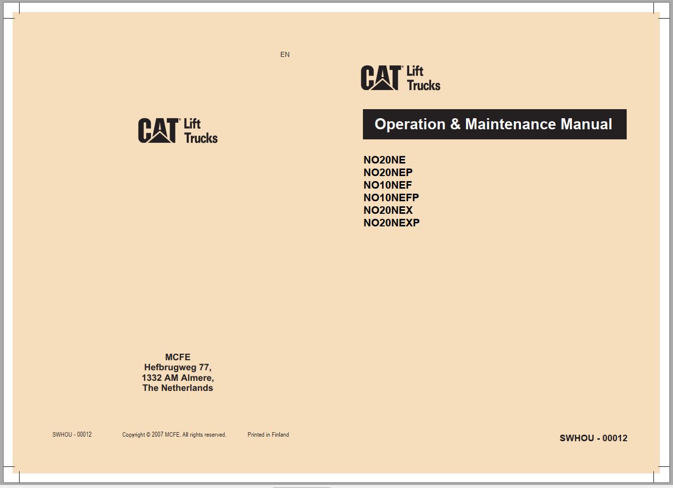 CAT Forklift NO10NEF Service Operation Maintenance Manual