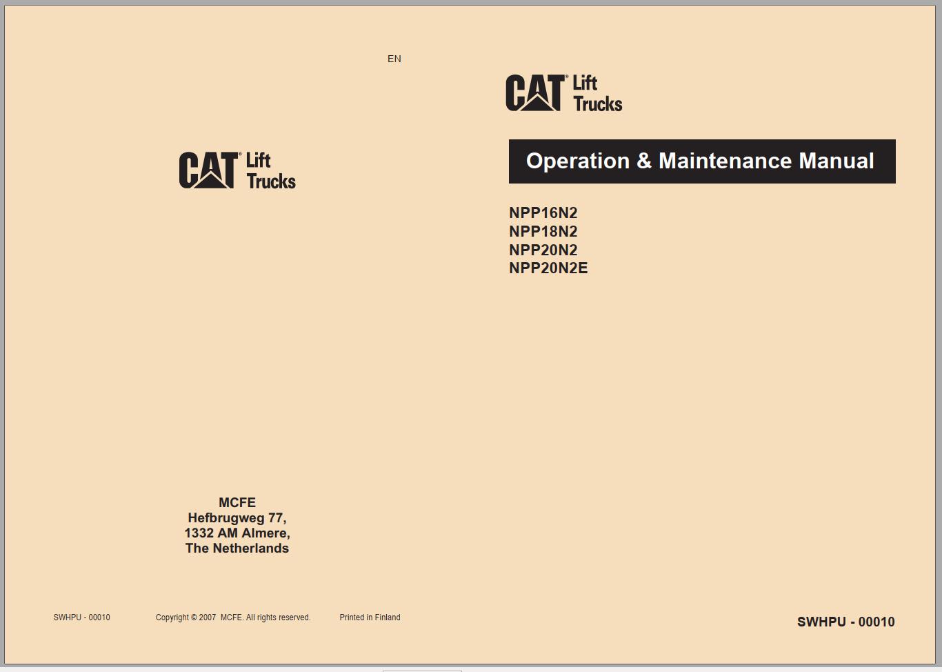 CAT Forklift NPP16N2 NPP18N2 Service Operation Maintenance Manual