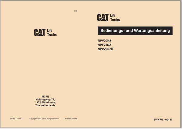 CAT Forklift NPP20N2R Service Operation Maintenance Manual