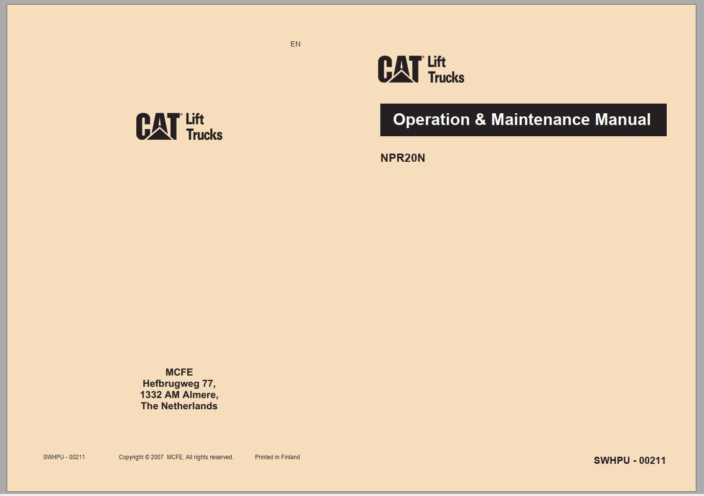 CAT Forklift NPR20N Service Operation Maintenance Manual