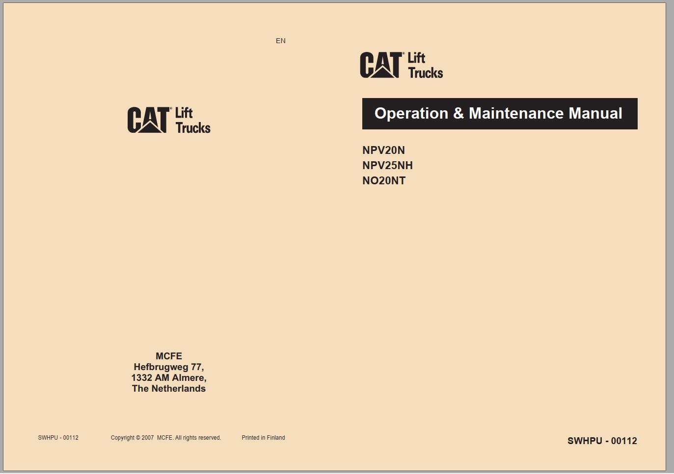 CAT Forklift NPV20N Service Operation Maintenance Manual