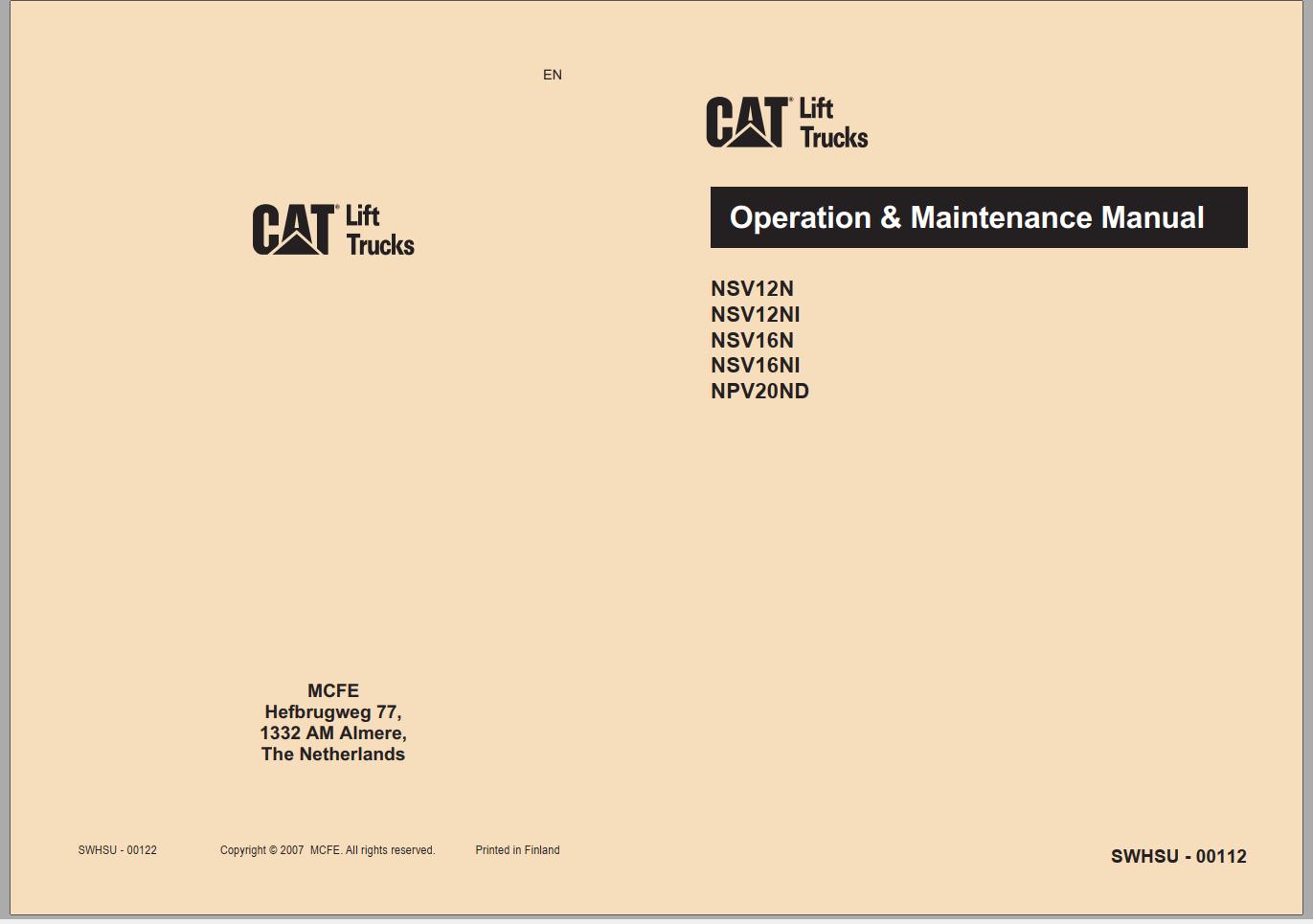 CAT Forklift NPV20ND Service Operation Maintenance Manual