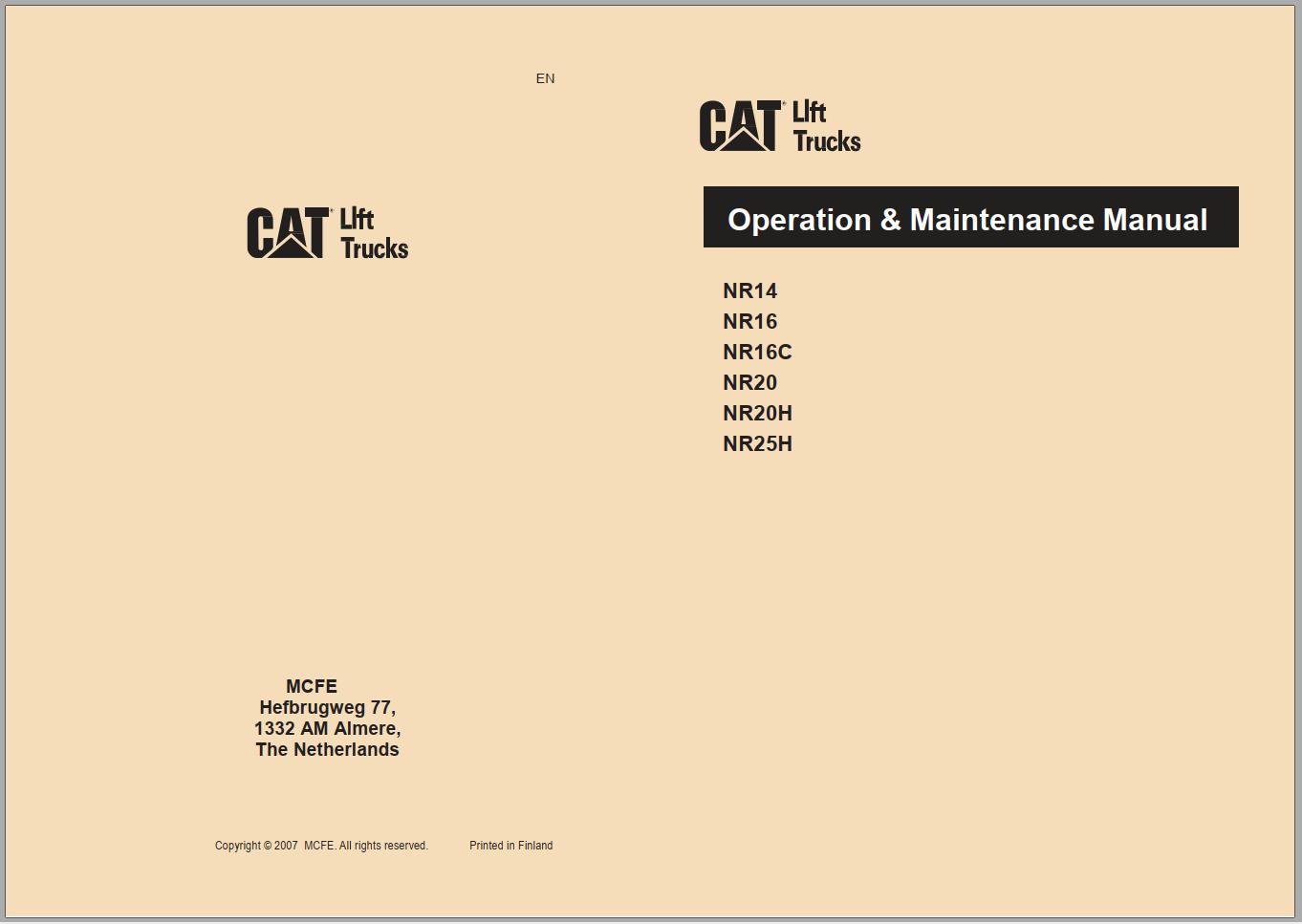 CAT Forklift NR14 Service Operation Maintenance Manual
