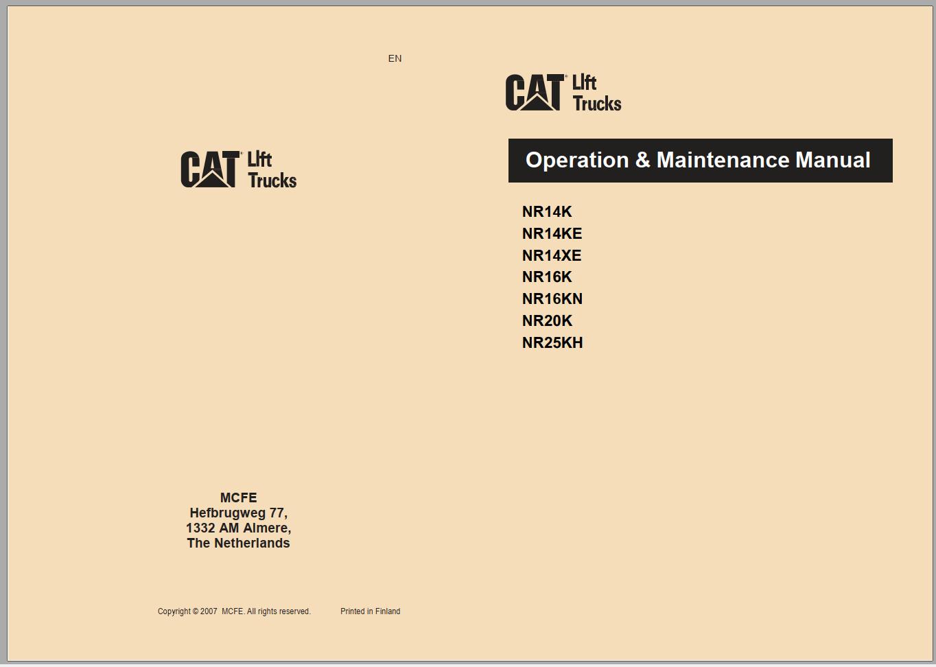 CAT Forklift NR14K Service Operation Maintenance Manual