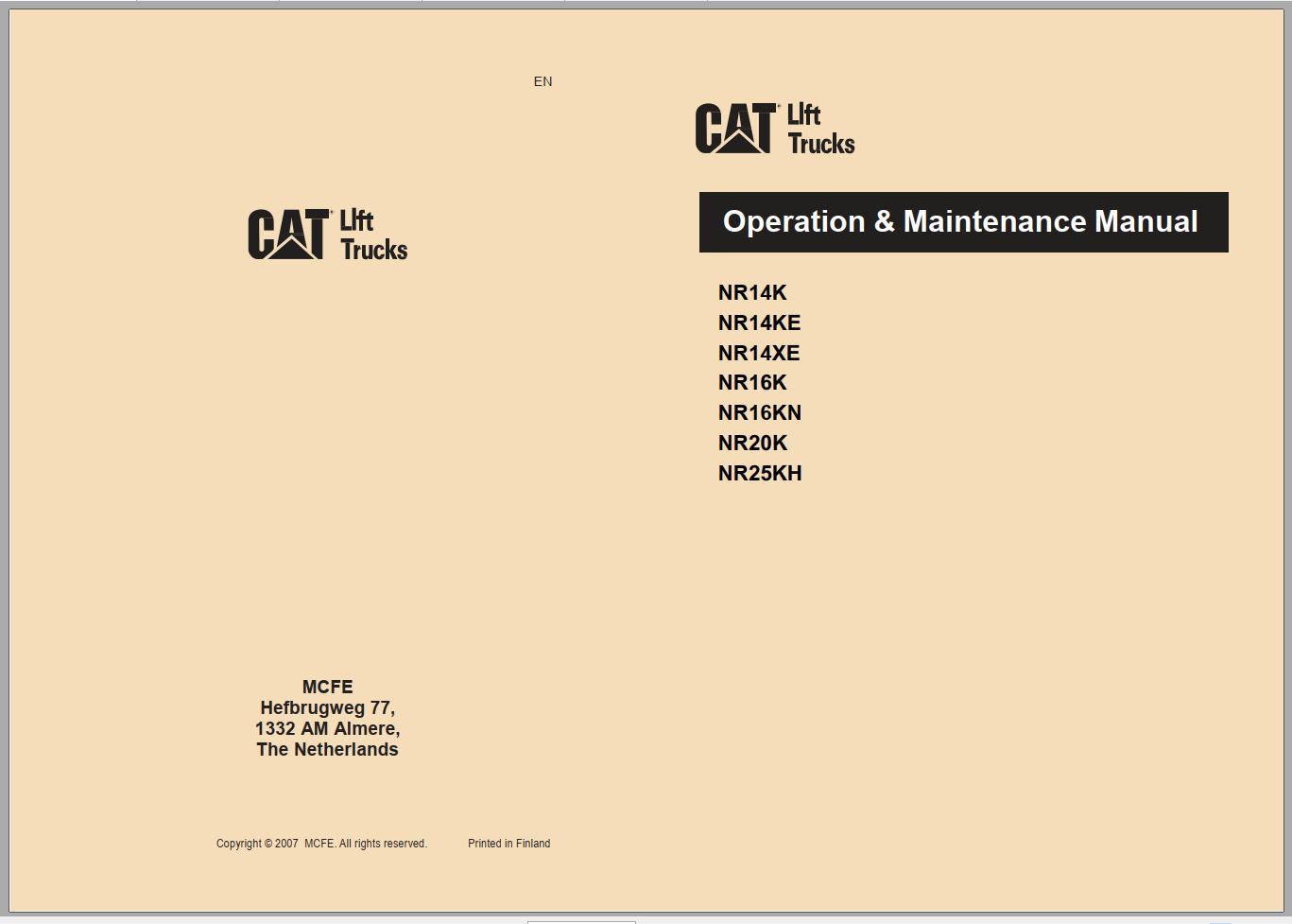 CAT Forklift NR14KC Service Operation Maintenance Manual