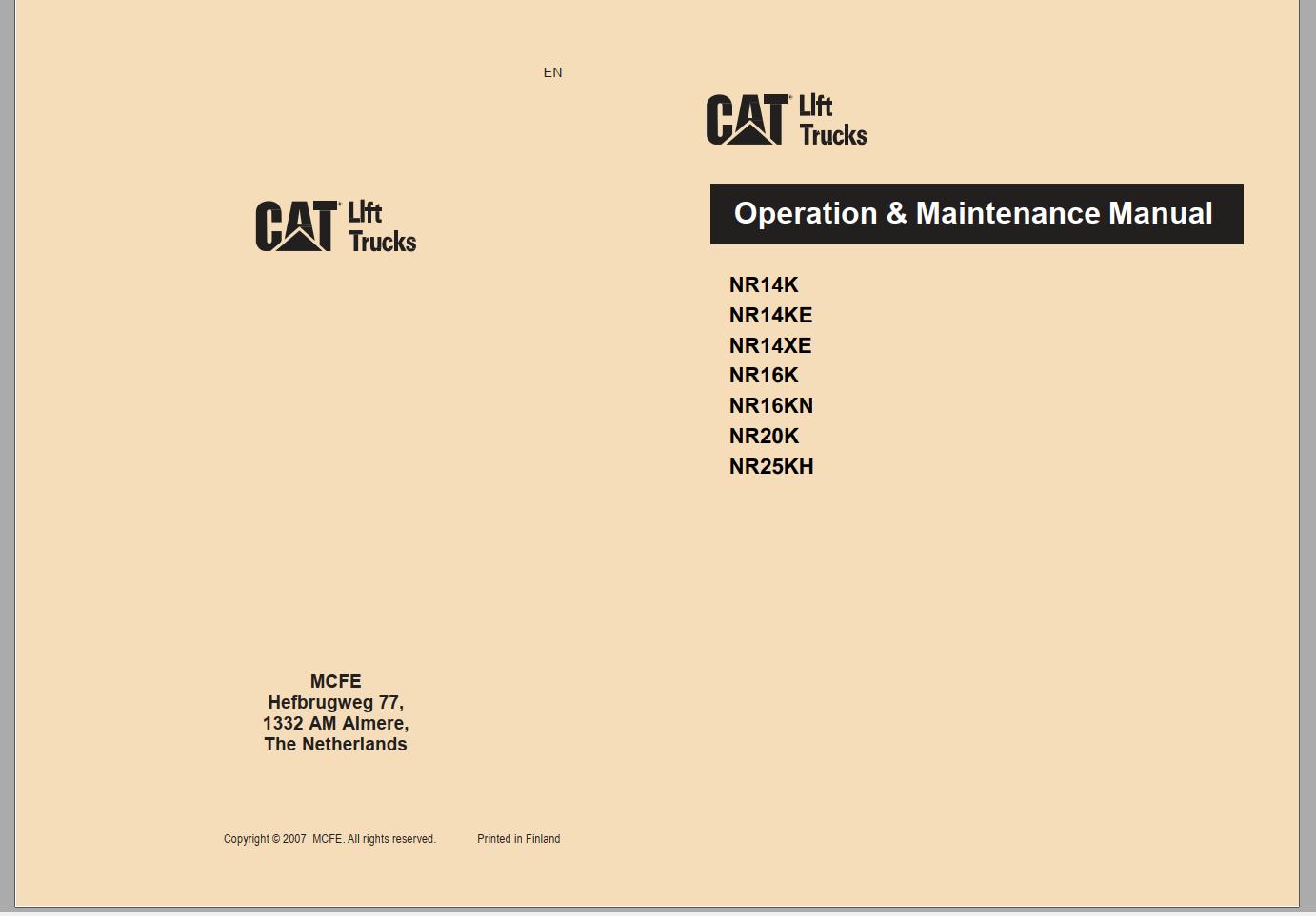 CAT Forklift NR14XC Service Operation Maintenance Manual