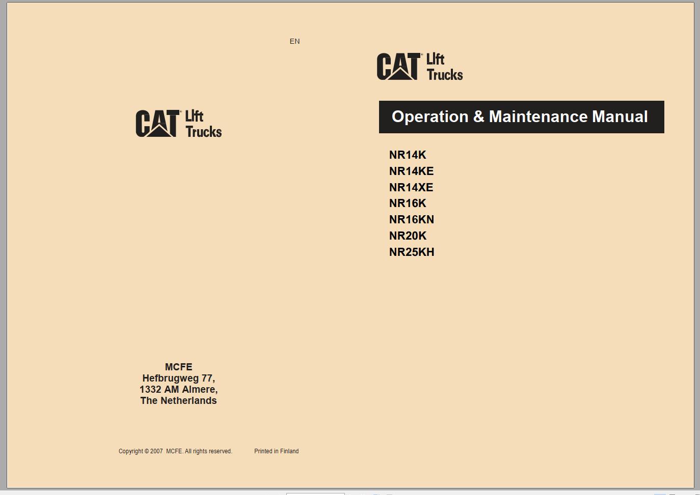 CAT Forklift NR14XE Service Operation Maintenance Manual