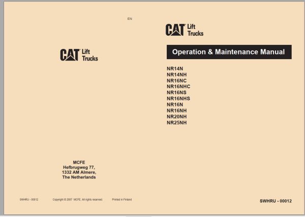 CAT Forklift NR16N NR16NH NR16NHC NR16NHS NR16NS Service Operation Maintenance Manual