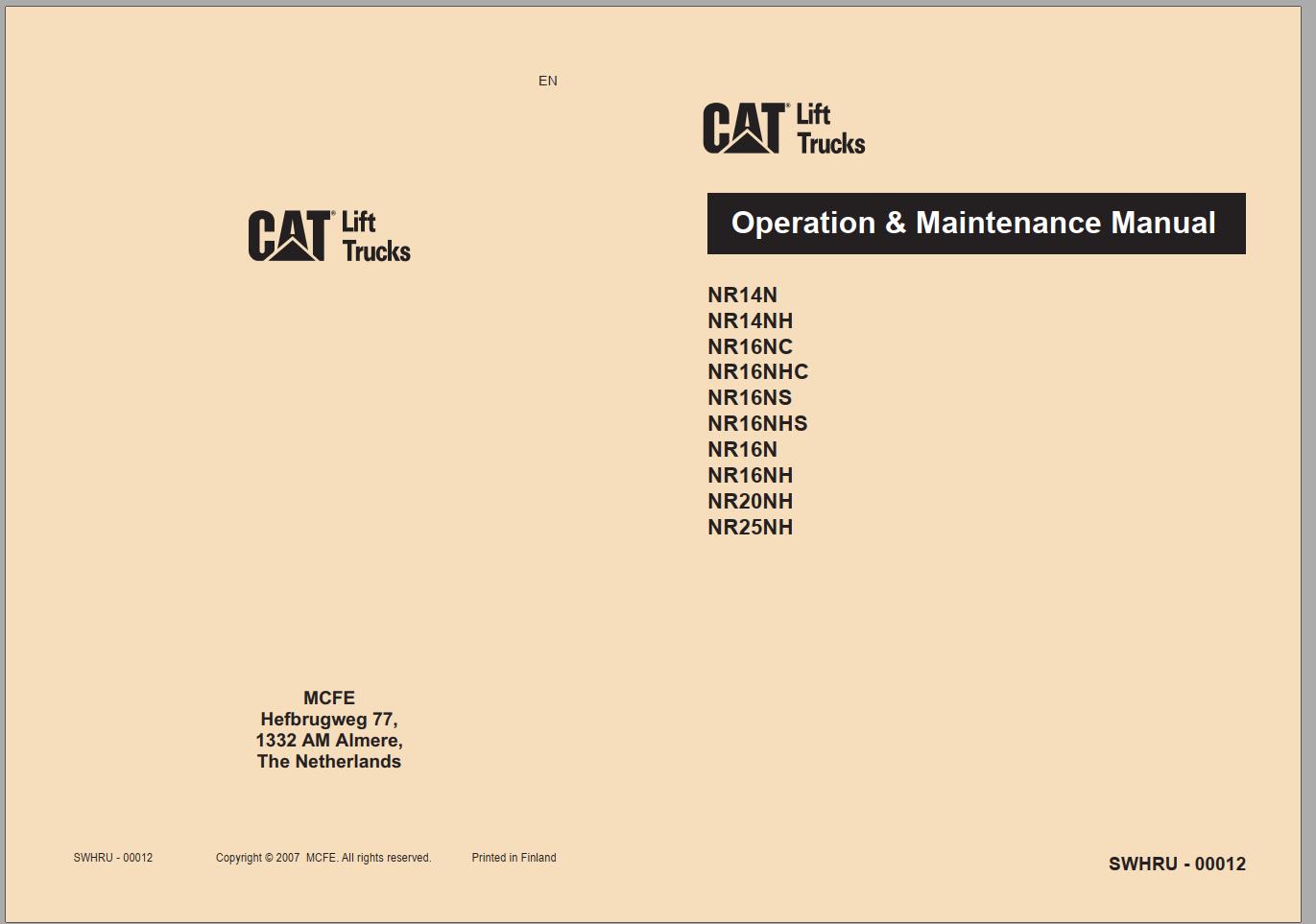 CAT Forklift NR16NC Service Operation Maintenance Manual