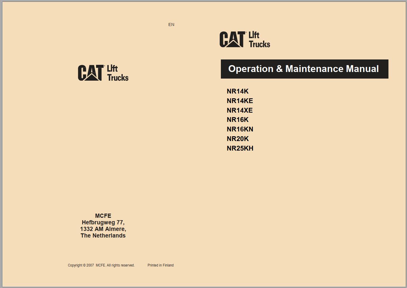 CAT Forklift NR20K Service Operation Maintenance Manual 1