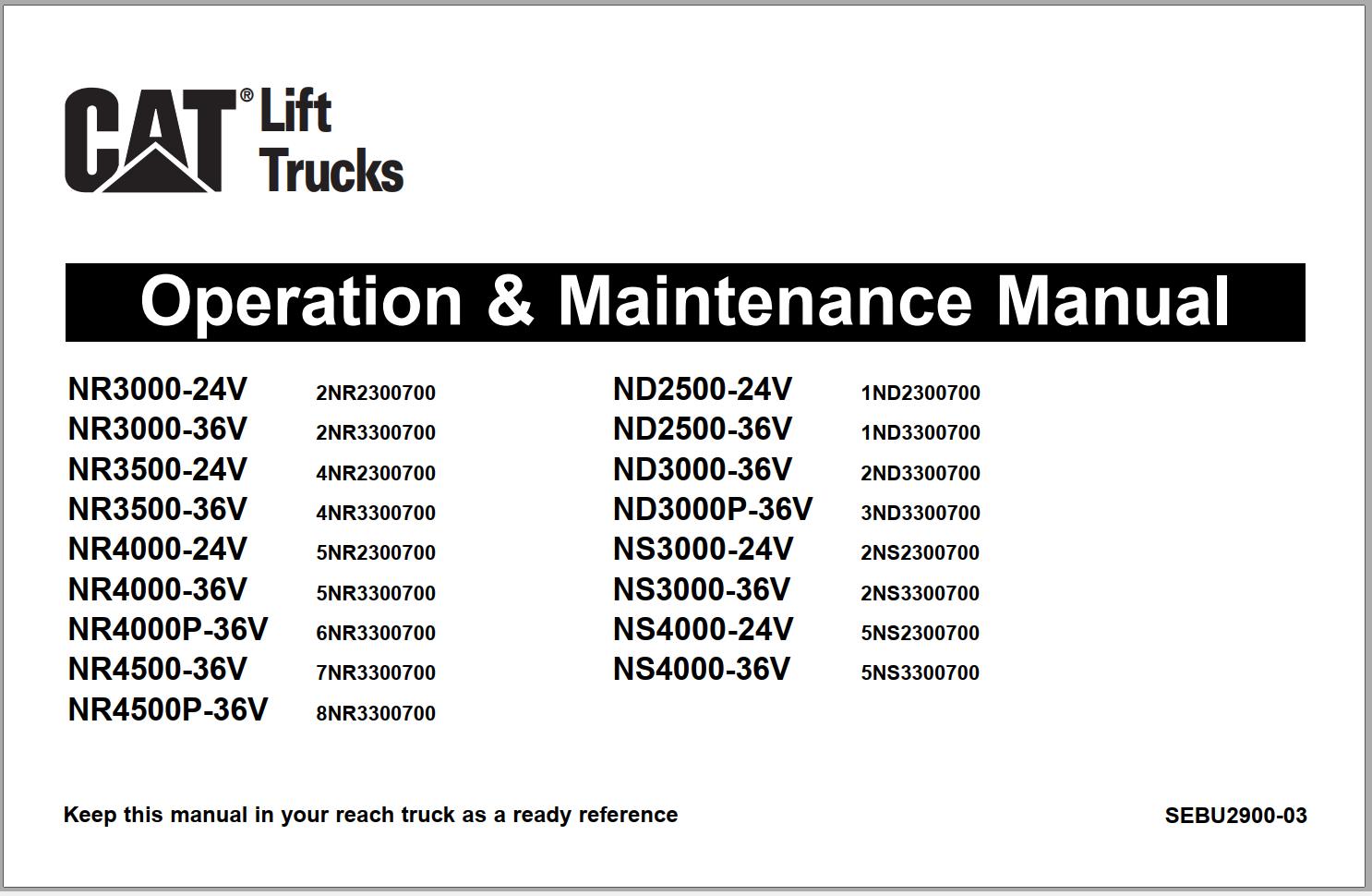 CAT Forklift NR3000 24V Operation Maintenance Manual