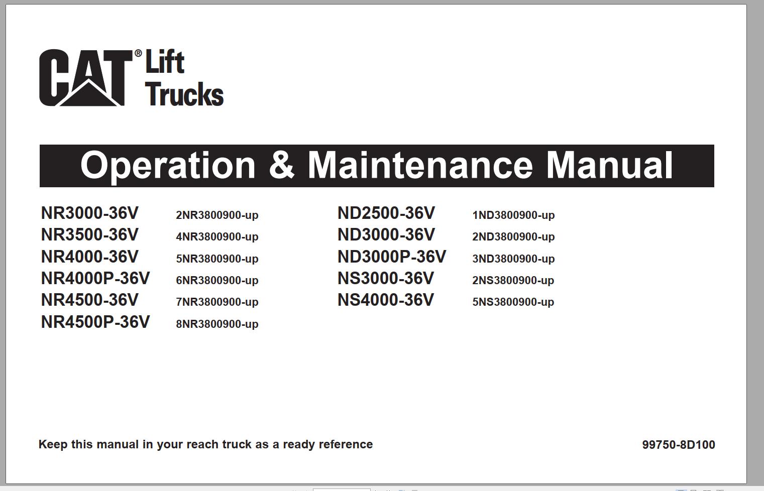 CAT Forklift NR4500 36V Schematic Operation Maintenance Manual