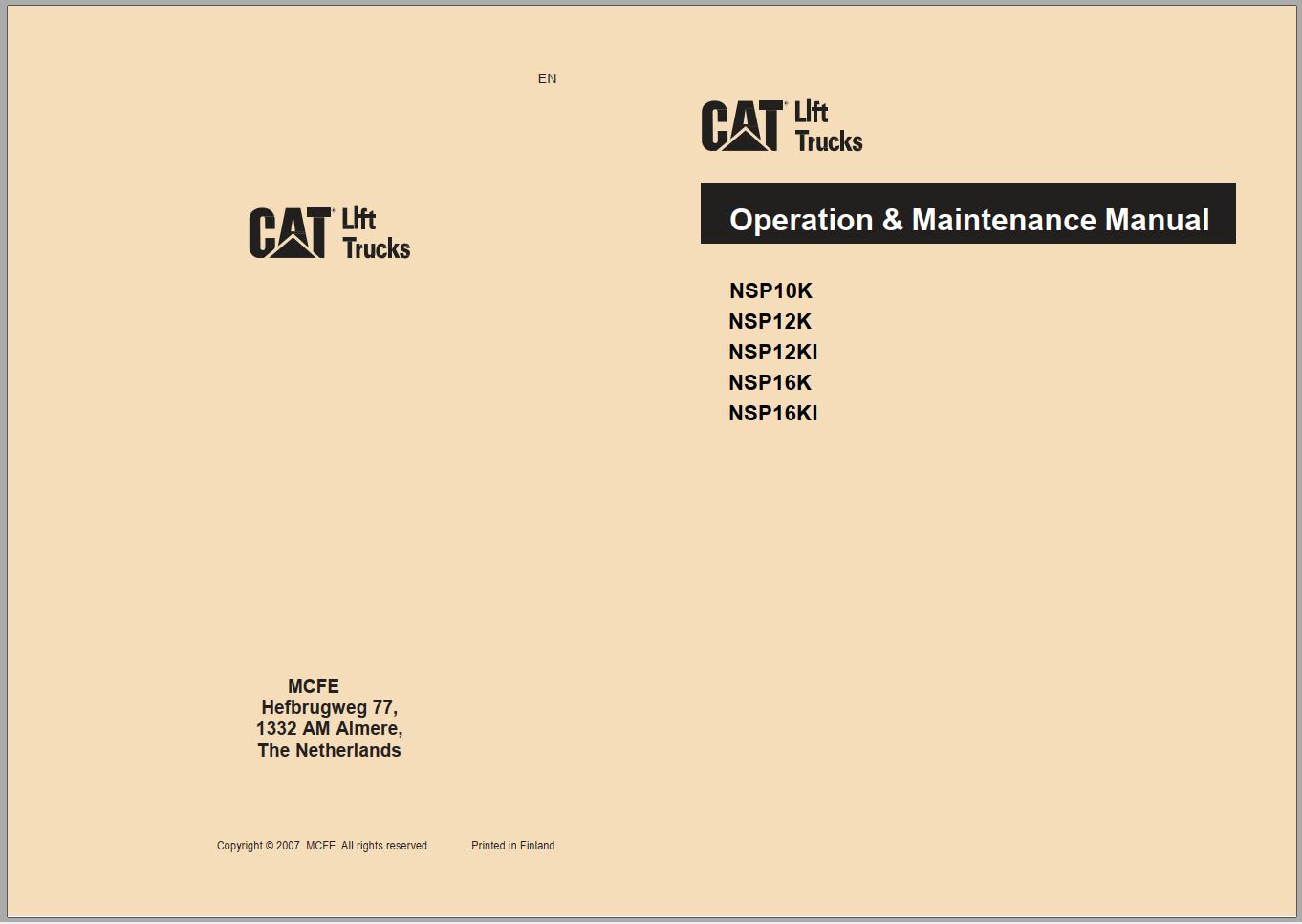 CAT Forklift NSP10K Service Operation Maintenance Manual
