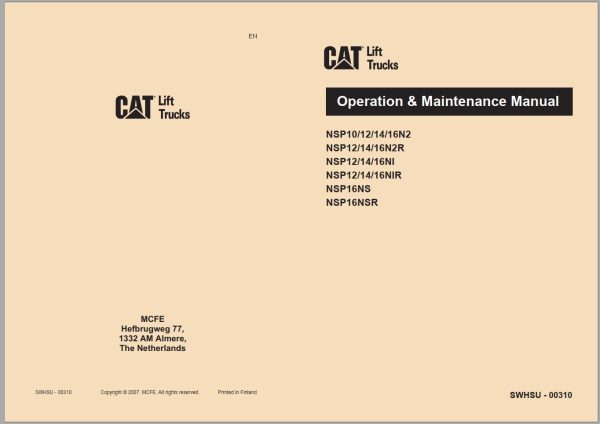 CAT Forklift NSP10N2R Service Operation Maintenance Manual