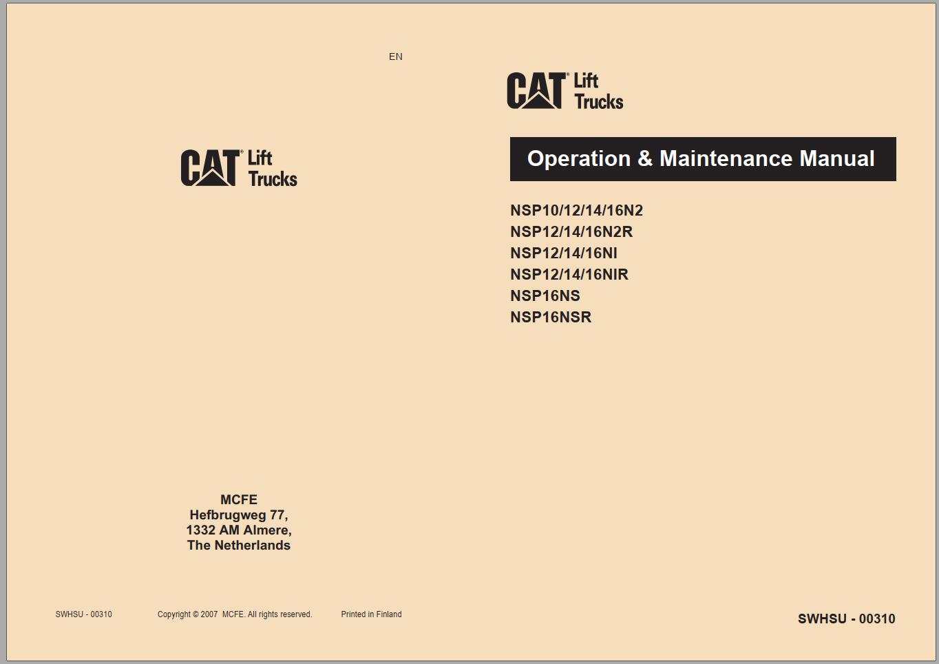 CAT Forklift NSP10N2R Service Operation Maintenance Manual