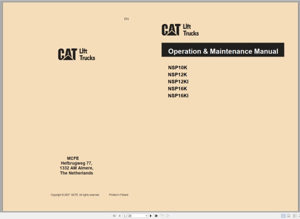 CAT Forklift NSP12K Service Operation Maintenance Manual
