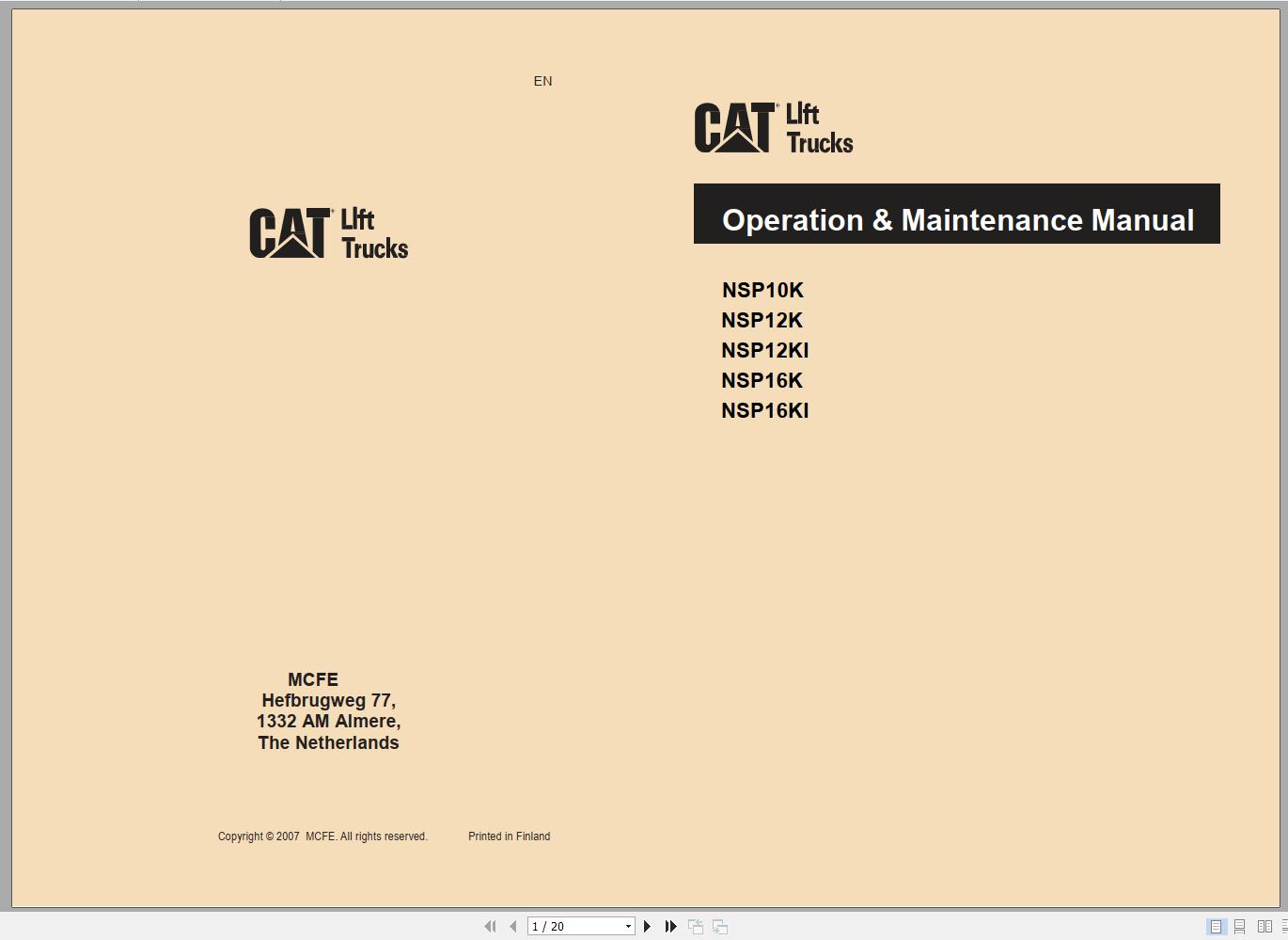 CAT Forklift NSP12K Service Operation Maintenance Manual