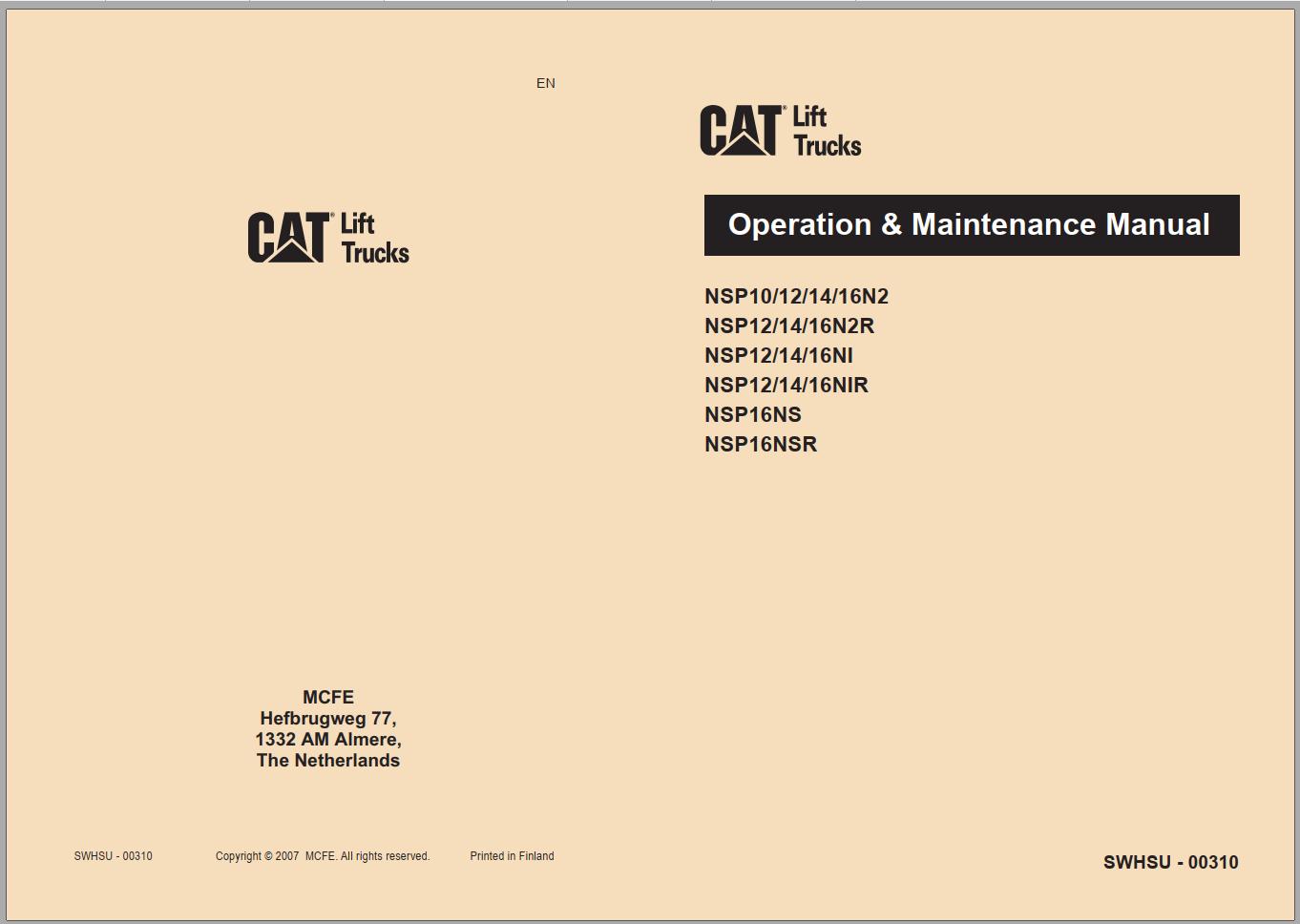 CAT Forklift NSP12N2 NSP14N2 NSP14N2I NSP16N2 NSP16N2I NSP16N2S Service Operation Maintenance Manual