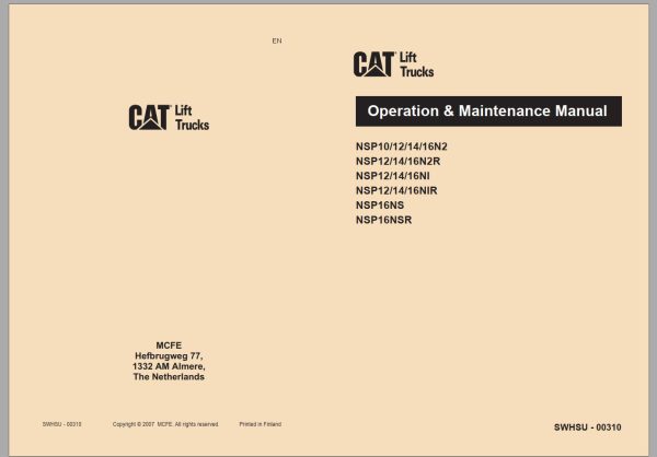 CAT Forklift NSP12N2I Service Operation Maintenance Manual