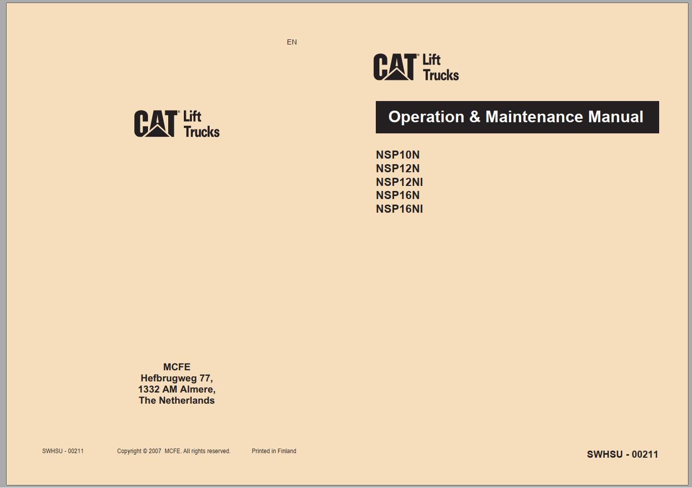 CAT Forklift NSP12NS Service Operation Maintenance Manual
