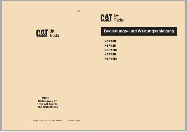 CAT Forklift NSP16K Service Operation Maintenance Manual