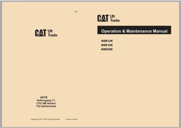 CAT Forklift NSR12K NSR16K NSR20K Service Operation Maintenance Manual