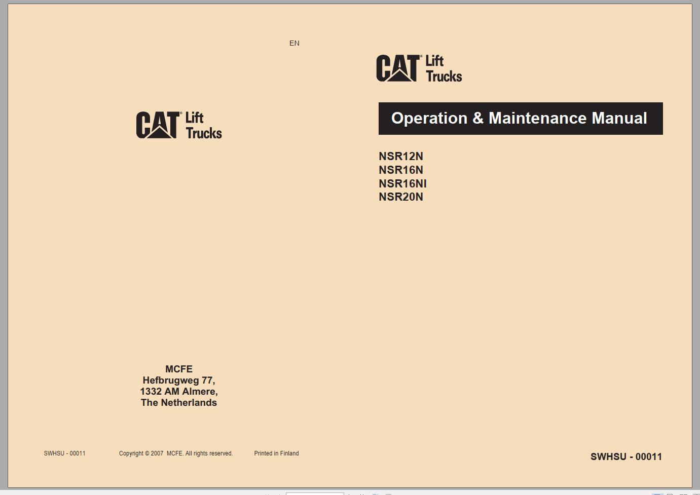 CAT Forklift NSR12N NSR16N NSR16NI NSR20N Service Operation Maintenance Manual