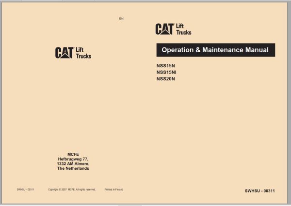 CAT Forklift NSS15N NSS15NI NSS20N Service Operation Maintenance Manual