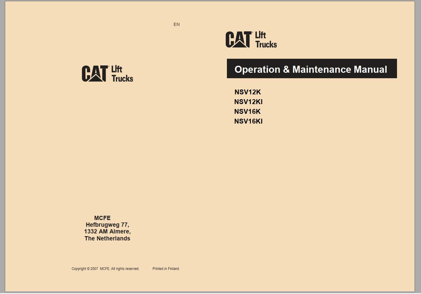 CAT Forklift NSV12K NSV16K NSV16KI Service Operation Maintenance Manual