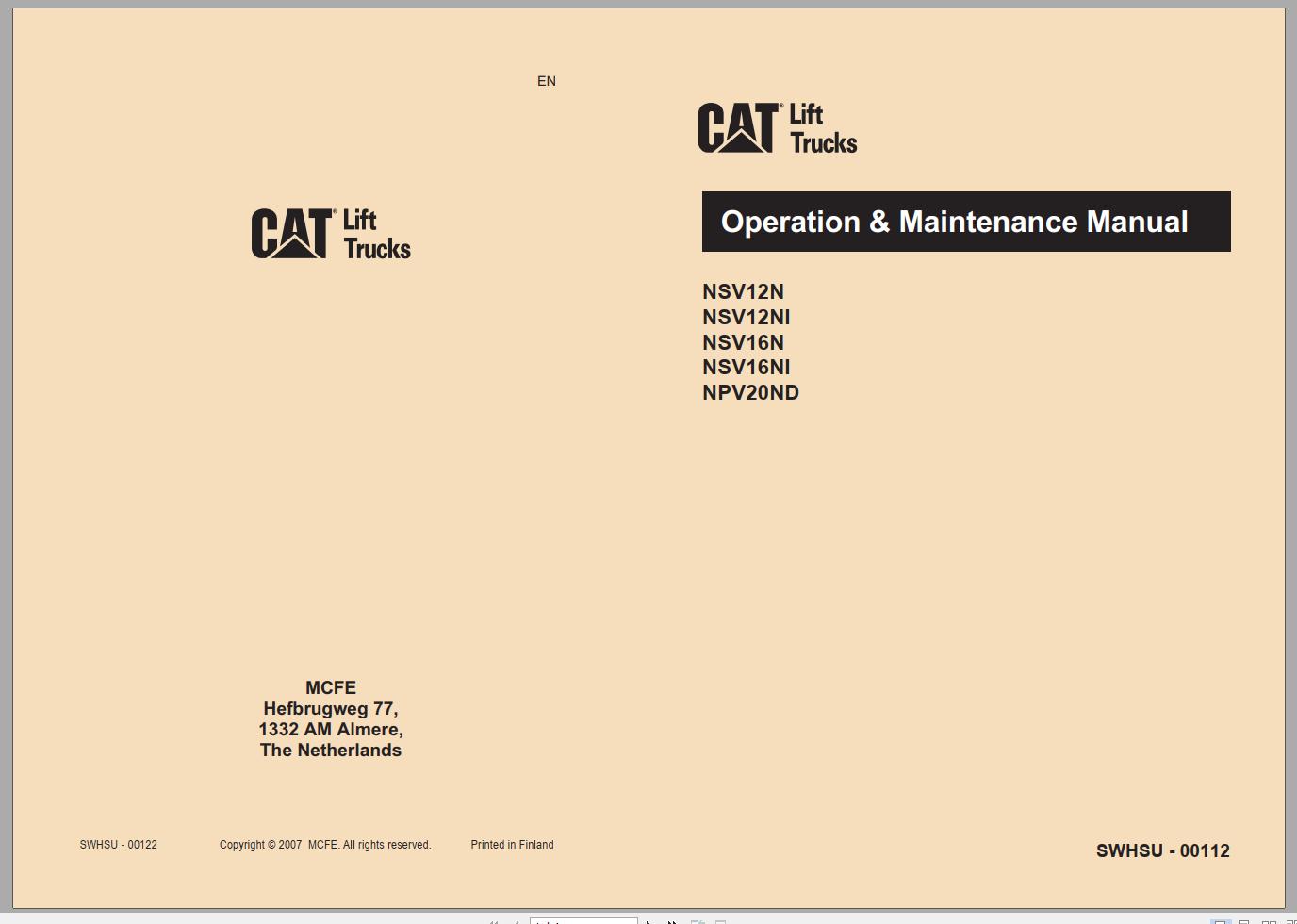 CAT Forklift NSV12N NSV12NI Service Operation Maintenance Manual 1