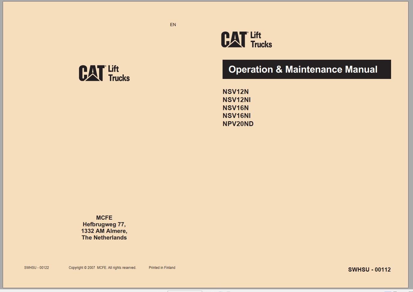 CAT Forklift NSV16N NSV16NI Service Operation Maintenance Manual